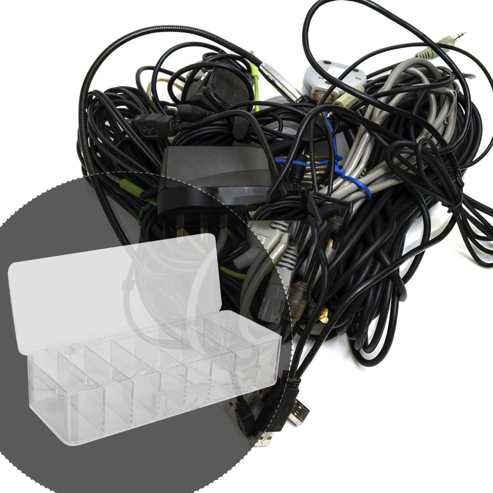 

8 Compartment Cable Organizer Box Premium Acrylic Cord Storage for Earphone and Data Cables Dustproof Lid Design