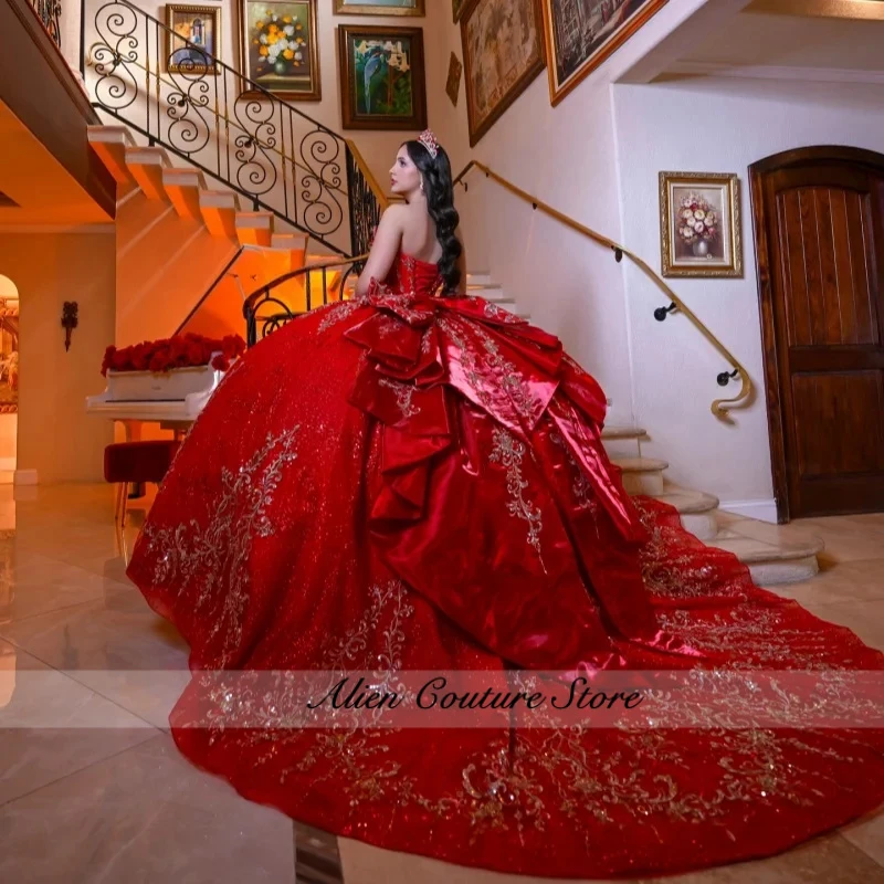 Shiny Red Quinceanera Dress off-shoulder Golden Glitter Crystal Decal Layering Long tail vestidos de 15 Quinceanera Customized