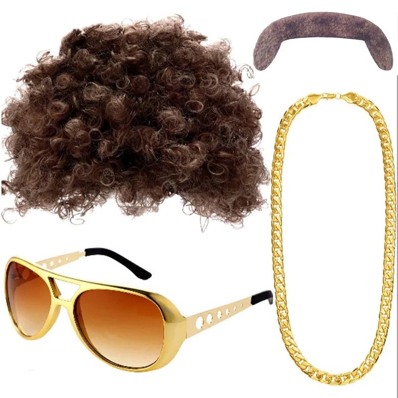 New Hippie Costume Set Funky Afro Wig Sunglasses Peace Sign Necklace For 50/60/70s Theme Party Halloween