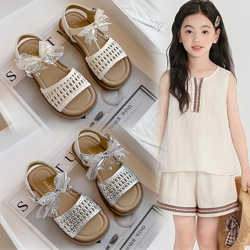 

Girls Weaving Hollow Sandals Summer Kids Open-toed Mesh Lace Bow Princess Sandals Beach Shoes