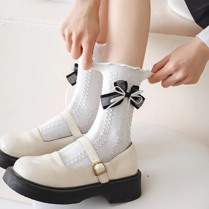 

Lolita Cute Sweet Double Layered Bowknot Ribbons Mid Tube Socks For Girls Gentle Jk Cotton Socks Wooden Ear Lace Pile Socks