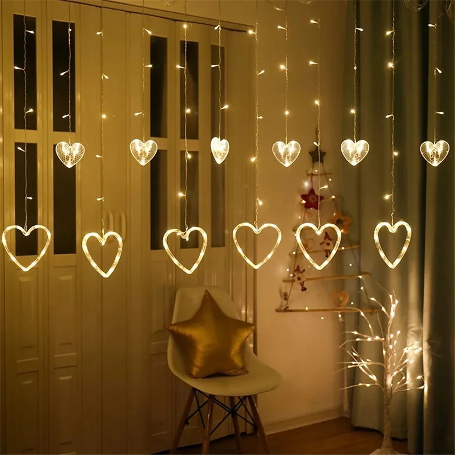 

LED Romantic Heart Shaped Curtain String Lights 8 Modes Christmas Fairy Lights Garland for Home Bedroom Wedding Party Decoration