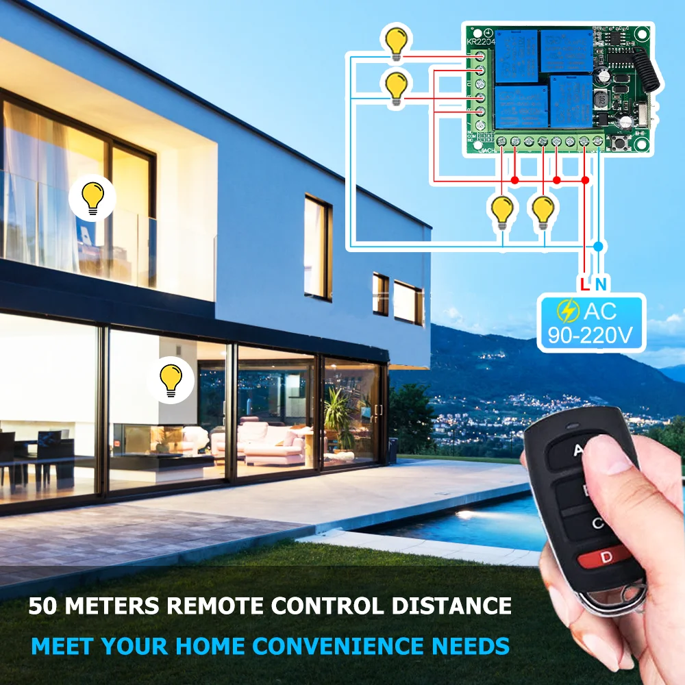 Mando a distancia inalámbrico Universal de 433Mhz, relé AC110V 220V, módulo receptor de 4 canales, transmisor 4B para luz de Motor de puerta de