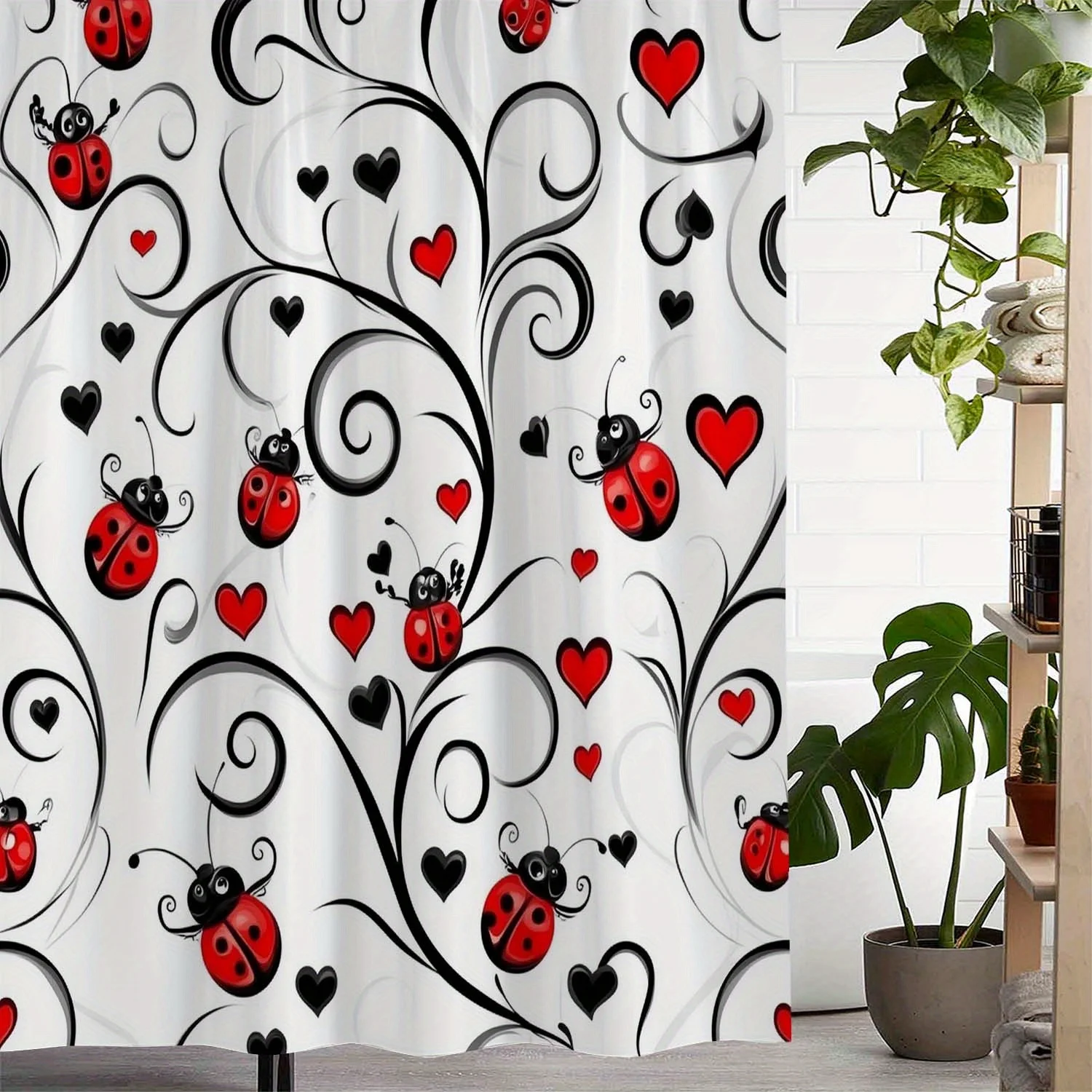 Charming Ladybug Shower Curtain - Whimsical Hearts & Swirls for Bathroom Decor, Adds Playful and Romantic Touch