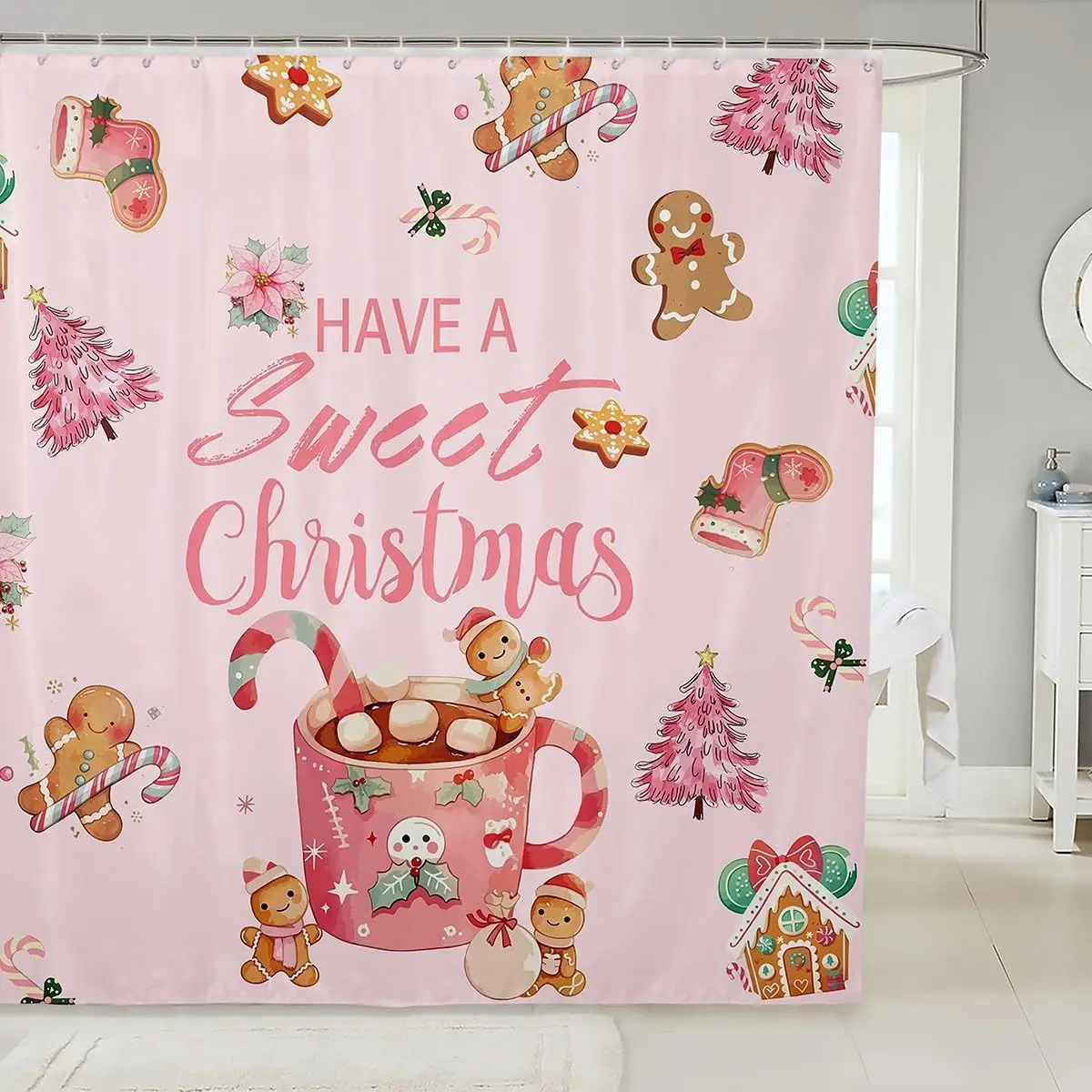 

Sweet Pink Christmas Gingerbread House Shower Curtain with Cute Gingerbread Man Pattern, Bathroom Decor for Xmas Holiday