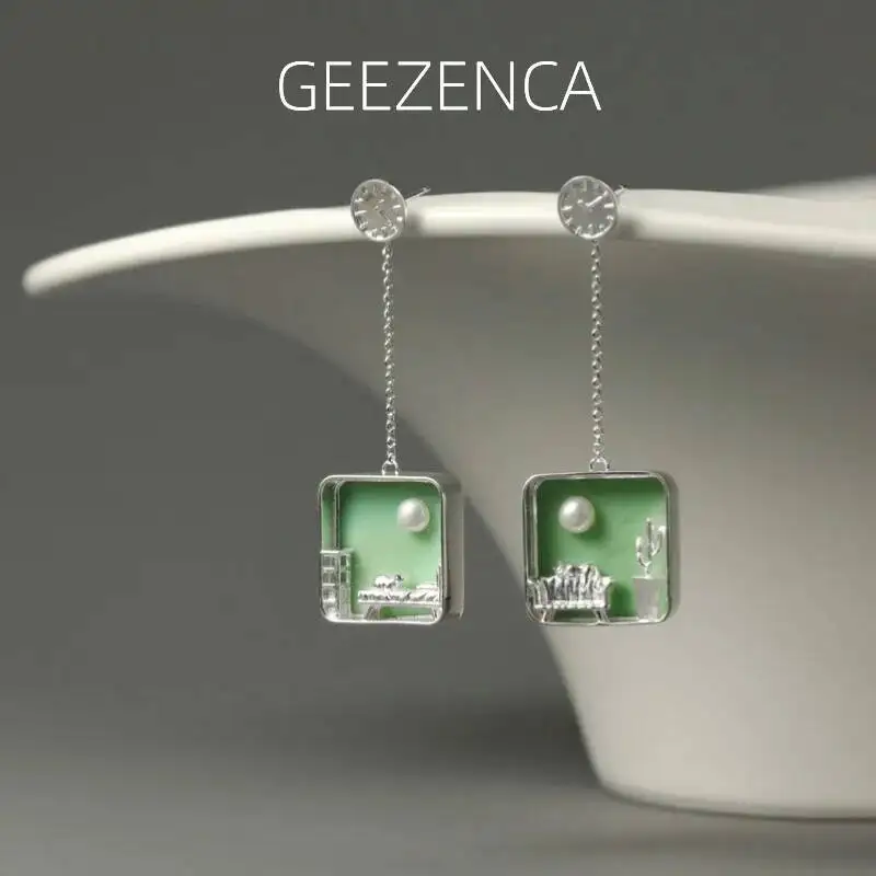 

GEEZENCA Natural Pearl 925 Silver Cat Dangle Earrings For Women Green Black Glass Square Chic Unique Earring 2024 New Party Gift