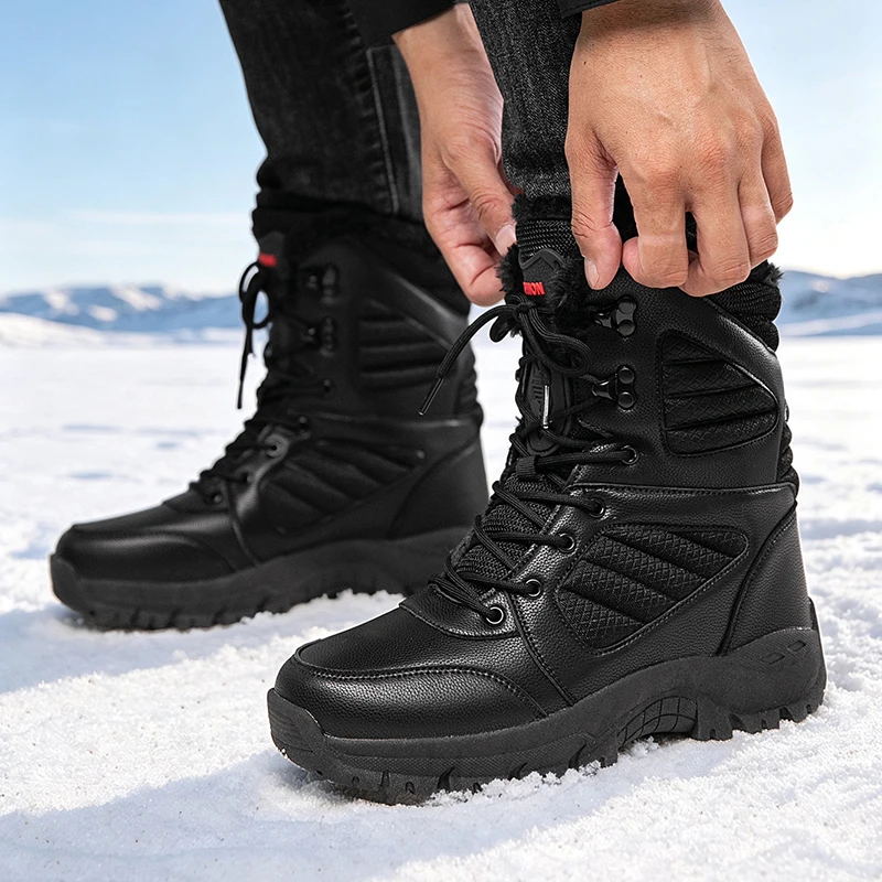 Men's Fleece-Lined High-Top Snow Boots, Winter Warm Thick-Soled Non-Slip Outdoor Hiking Boots, Wear-Resistant Lace-Up Cold-Resistant Cotton Shoes, Men's Snow Trekking Boots