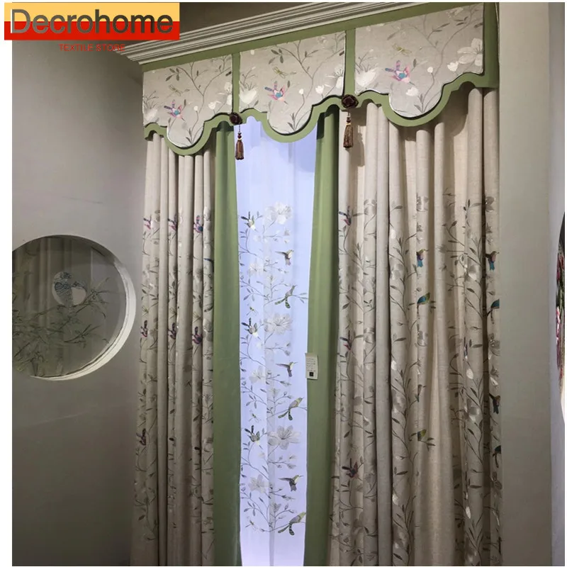 

Customized New Chinese Linen Cream Color Flower and Bird Embroidery Screen Splicing Thickened Curtains for Living Room Bedroom