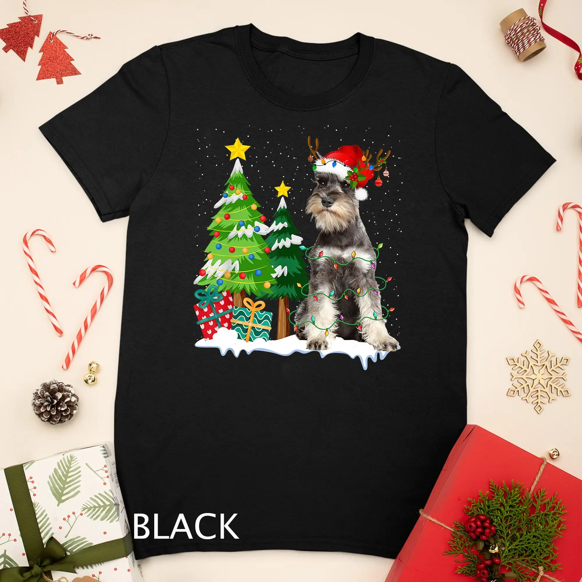 Schnauzer Dog Santa Hat Reindeer Christmas Lights T Shirt Sweat