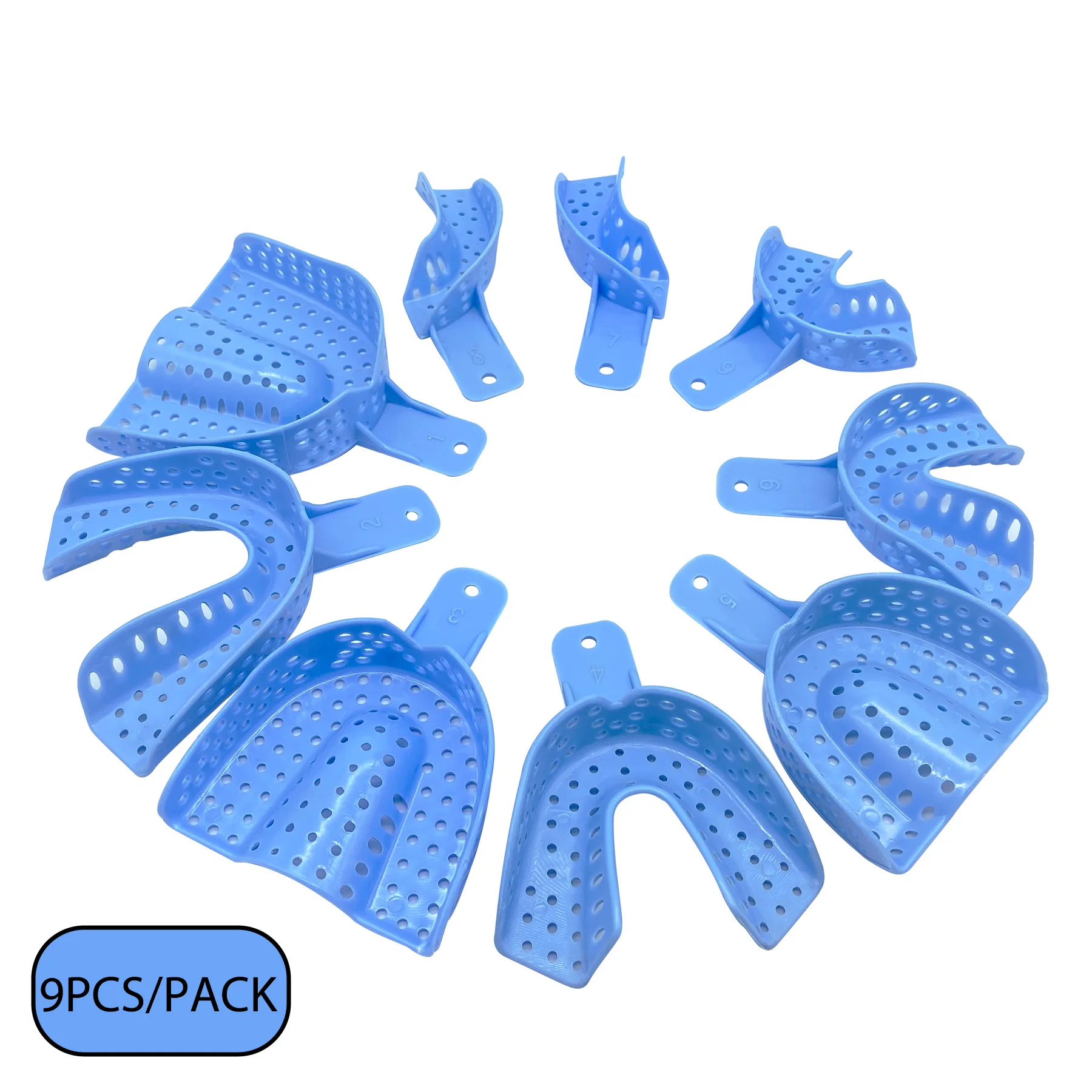 9 unids/set bandejas de impresión Dental desechables azules soportes de dientes de plástico materiales de modelo de dentadura higiene bucal producto de dentista