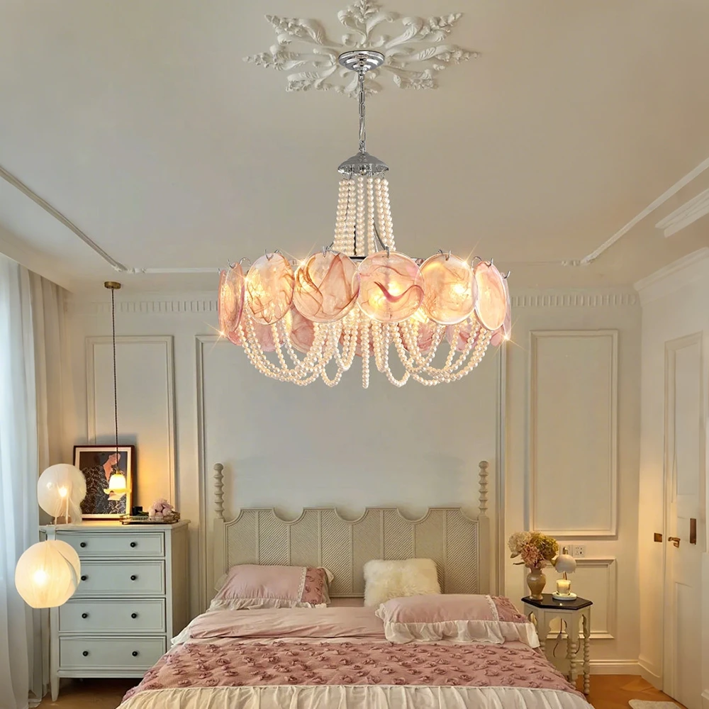 Murano Glass Chandelier With Pearl Strings For Living Dining Room Bedroom Round Colorful Glass Pendant Light Chrome Frame Lamp