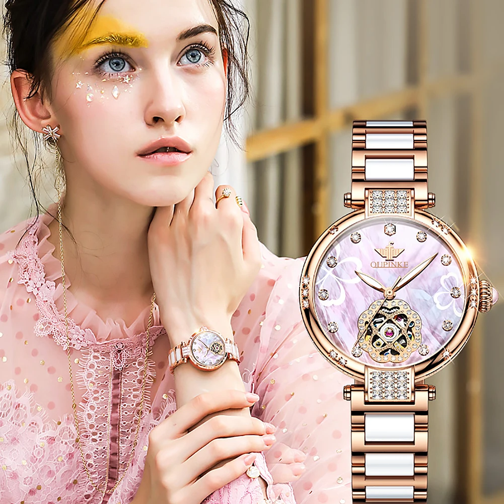 

OUPINKE 3183 Shell Dial Watch for Ladies Diamond Hollow Dial Elegant Ceramic Strap Waterproof Original Mechanical Man Watches