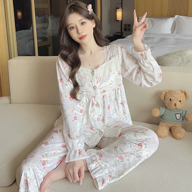 Printed Golden Velvet Pajamas For Women Autumn Winter Long Sleeved Warm Home Suit Diamond Sleepwear Clothing Pijamas Para Mujer