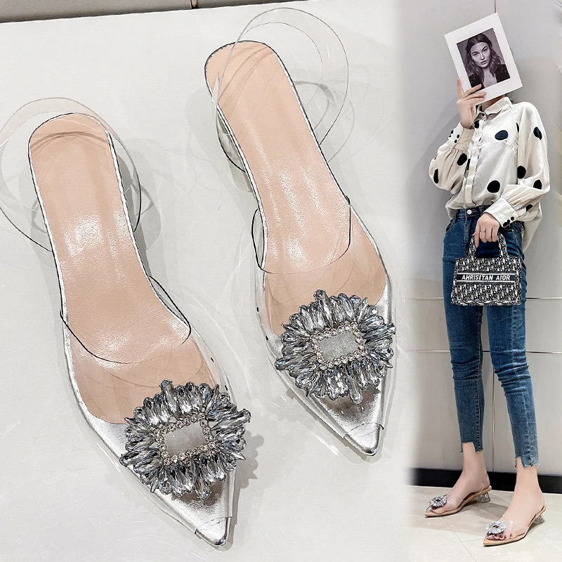 

Новинка 2023 года, высококачественная весенне-осенняя модная новая пикантная свадебная прозрачная банкетная удобная женская обувь на среднем каблуке с кристаллами