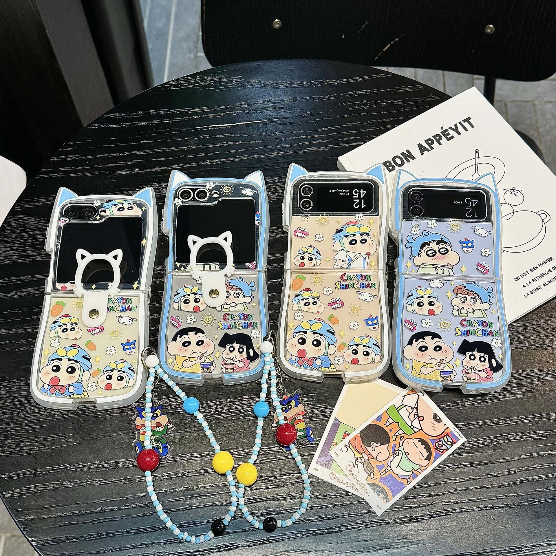 

Super Cute Style Crayon Shin-chan & Himawari Nohara 3D Cat's Ears Phone Case For Samsung Galaxy Z Flip 7 6/5 4/3 With Lanyard