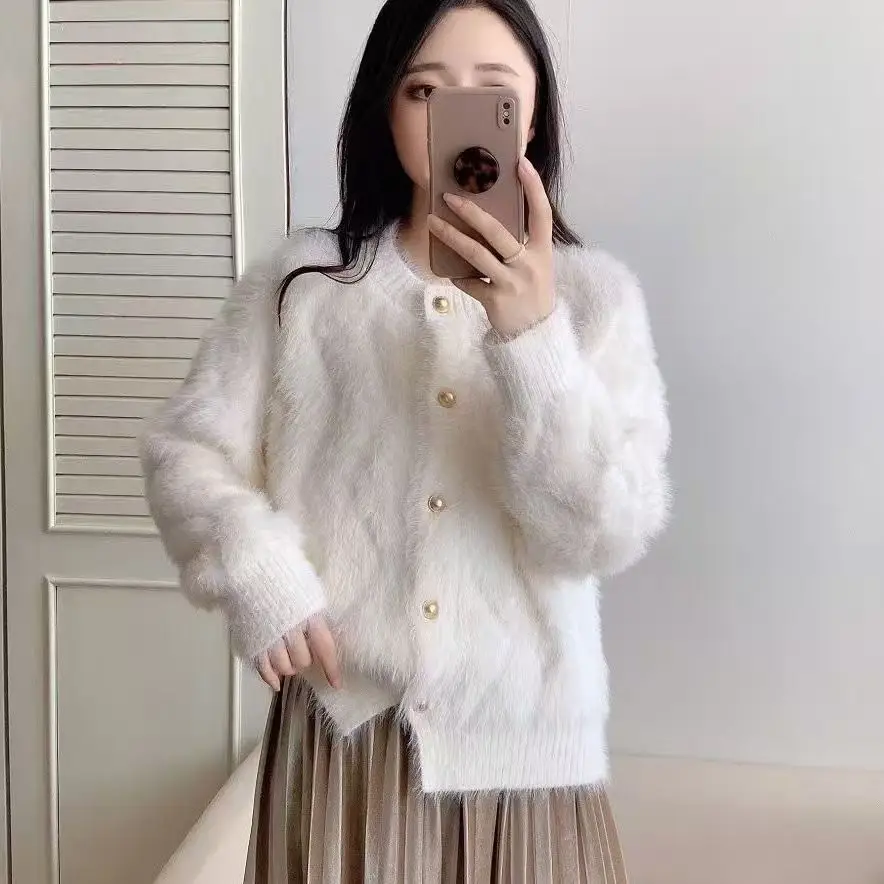 Cardigans femininos, gola redonda, suéteres sólidos de peito único, jaquetas quentes outono inverno 2025
