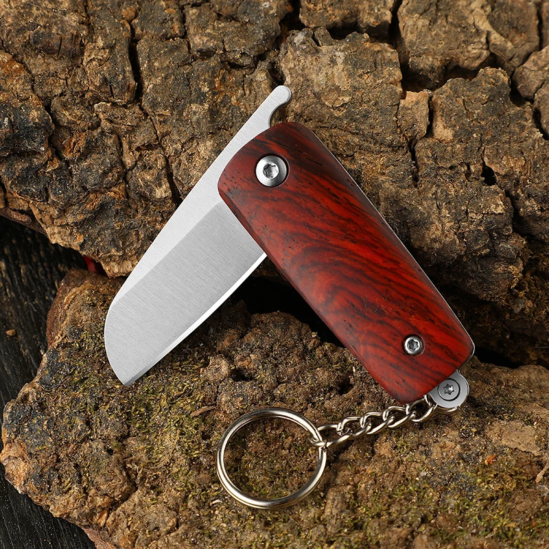 

Mini Folding Pocket Keychain Knife D2 Blade Wood Handle Tactical Neck Knives Survival Self defense Camping EDC Knives Hand tool