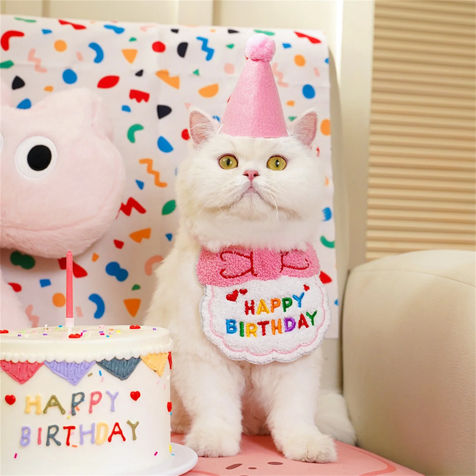 

2pcs Pets Decor Accessory Lovely Happy Birthday Bib Felt Ball Hat For Cat Dog Pet Party Decoration Cute Decorative Collar