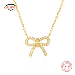 CANNER 925 Sterling Silver Bow Studded Zircon Pendant Necklace For Women 18K Gold Simple Ins Necklace Fine Jewelry Party Gift