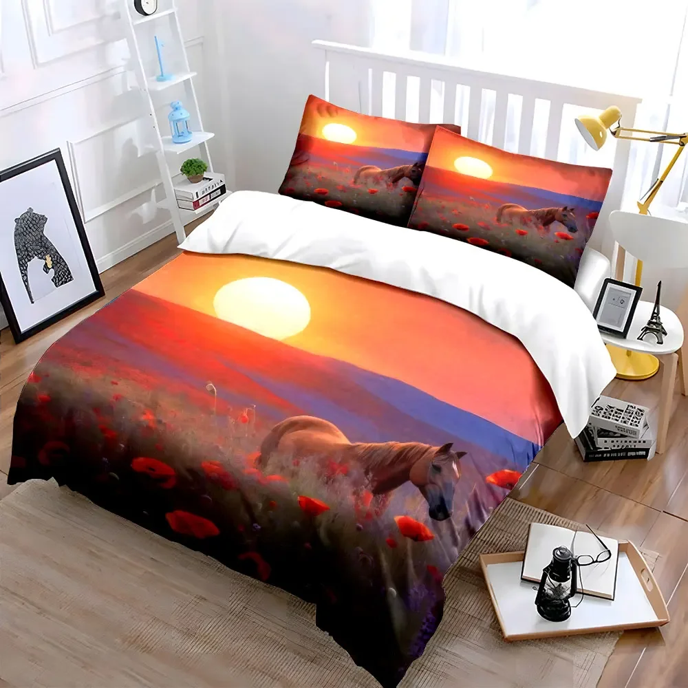 Horse Sunset Nature Decoration Set Soft Comfortable Duvet Cover Bedding Set Included 1*Duvet Cover & 2*Pillowcases, gift