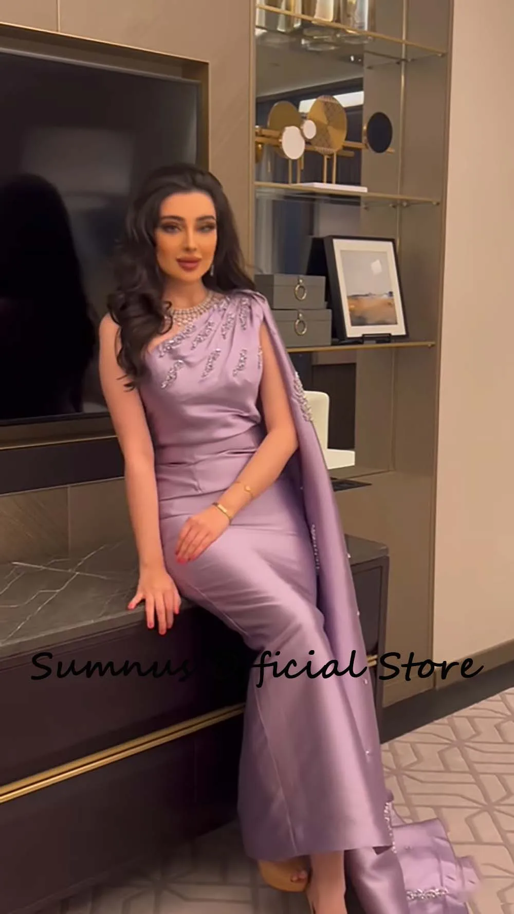 Sumnus roxo um ombro sereia vestidos de noite com cabo miçangas cetim elegante arábia saudita formal vestidos femininos até o chão