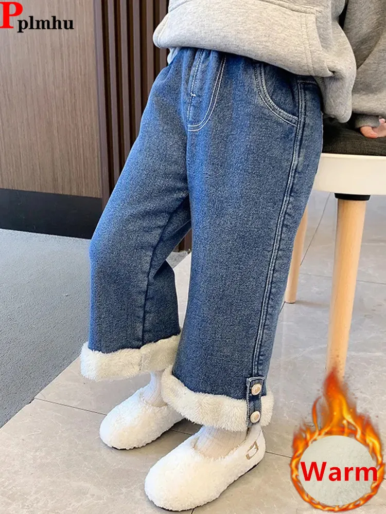 Thick Velvet Lined Girls Jeans Wide Leg Pants Winter Warm Elastic High Waist Kids Vaqueros Pantalones New Plush Children Jeansy