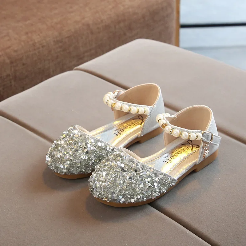 Summer Girls Shoes Bead Mary Janes Flats Fling Princess Shoes Baby Dance Shoes Kids Sandals Children Wedding Shoes Gold