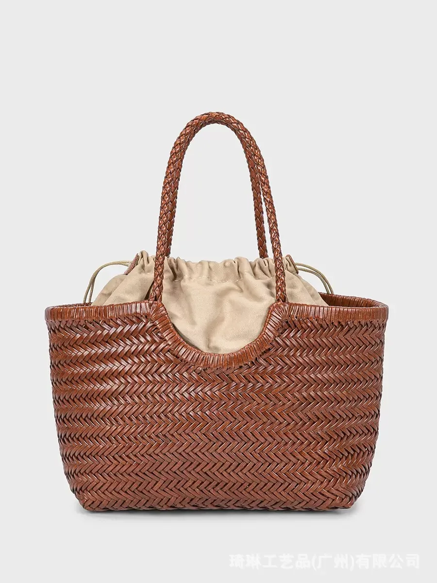 

classic design cowhide shoulder bag women's spring summer French bucket bag Genuine leather hand-woven vintage tote bag