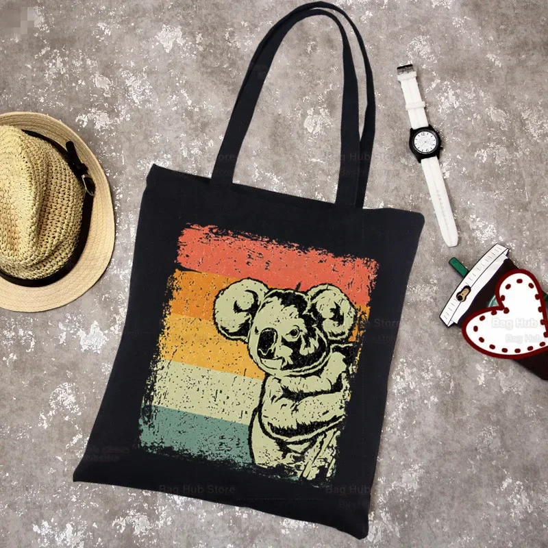 Cute Koala Cartoon Harajuku Canvas Shoulder Bags para mulheres, Ulzzang, preto, branco, grande capacidade, moda casual, bonito, Ulzzang