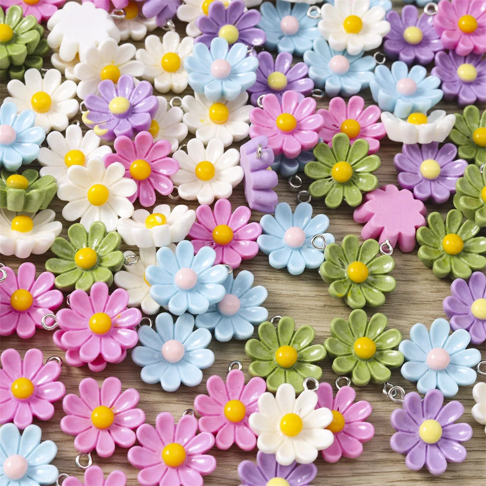 Tusember 10 Stück niedliche Kawaii-Blumenanhänger aus Kunstharz, bunte Gänseblümchen-Charms für Ohrringe, Armbänder, Halsketten, DIY-Schmuckzubehör – Detail 4