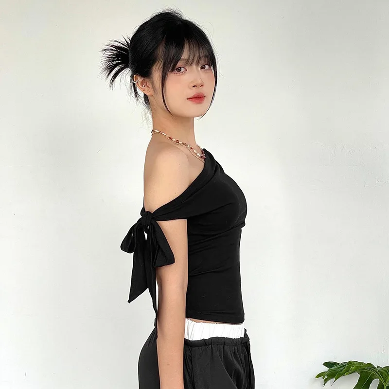 2024 Women'S Summer Ins Style New Shrink Pleated One-Shoulder Crop Top Backless Twist Tie Asymmetric T-Shirt Casual Top