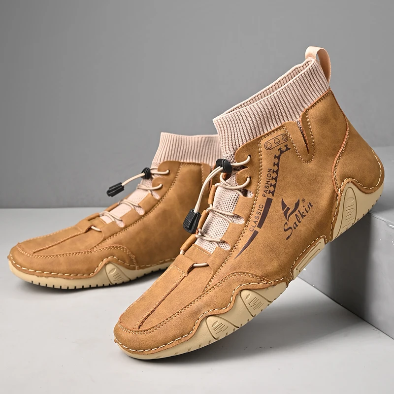 Nowe męskie buty skórzane handmade na co dzień, model 2025, sneakersy, oddychające buty skórzane męskie, botki męskie outdoor