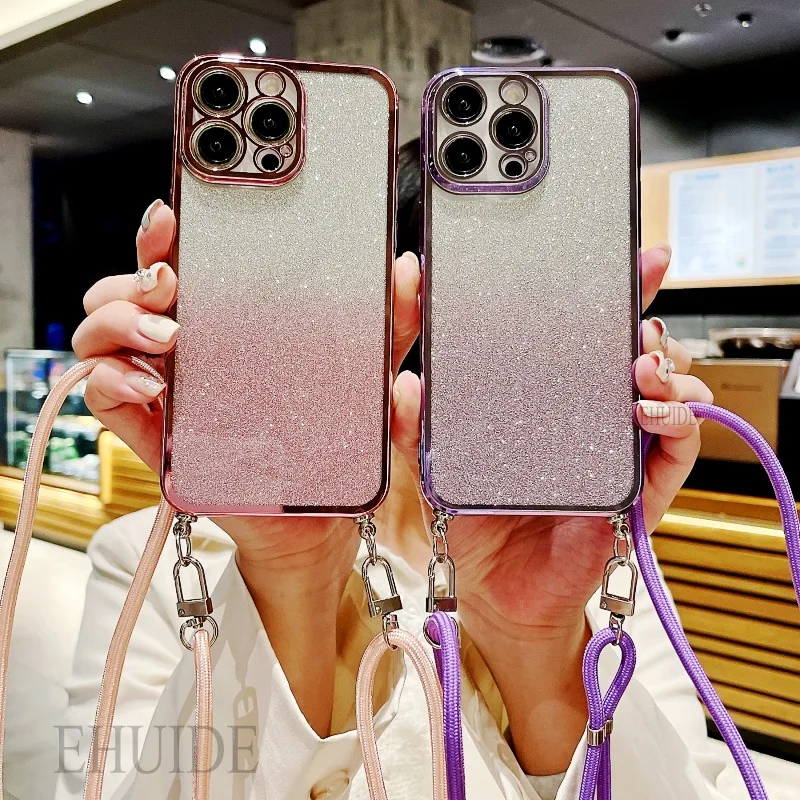 حافظة بحزام قابل للتعديل لهاتف آيفون 16 برو ماكس 15 بلس 11 12 13 14 برو 17 حبل كروس هوائي غطاء ورقي لامع مطلي شفاف