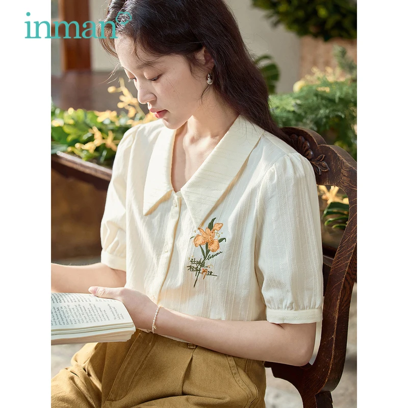 

INMAN Women Blouse 2023 Summer Bishop Sleeve Polo Neck Loose Shirts Nail Bead Embroidery Pure Cotton Comfort Apricot Green Tops