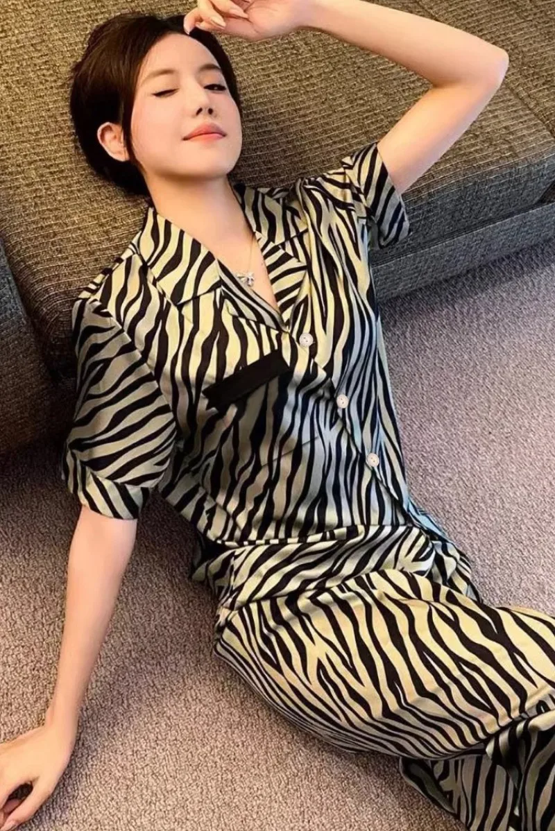 Zebra Leopard Print Women Grunge Elegant Sleepwear Pajamas Casual Trendy Fashion House Loungewear 2024 New Spring/fall Home Set