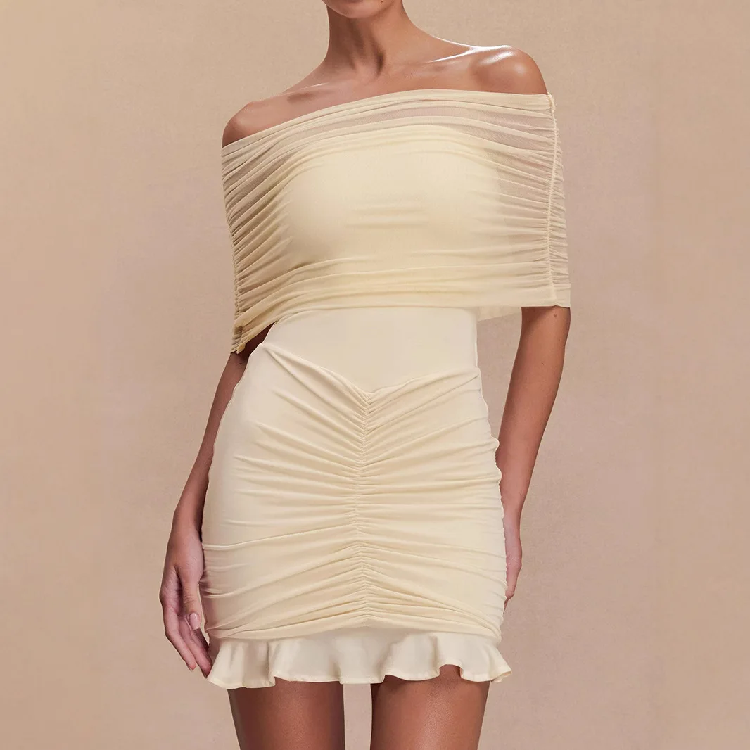 

High-end mesh pleated tight-fitting hip-wrapped tube top one-word shoulder dress fashionable simple and versatile temperament el