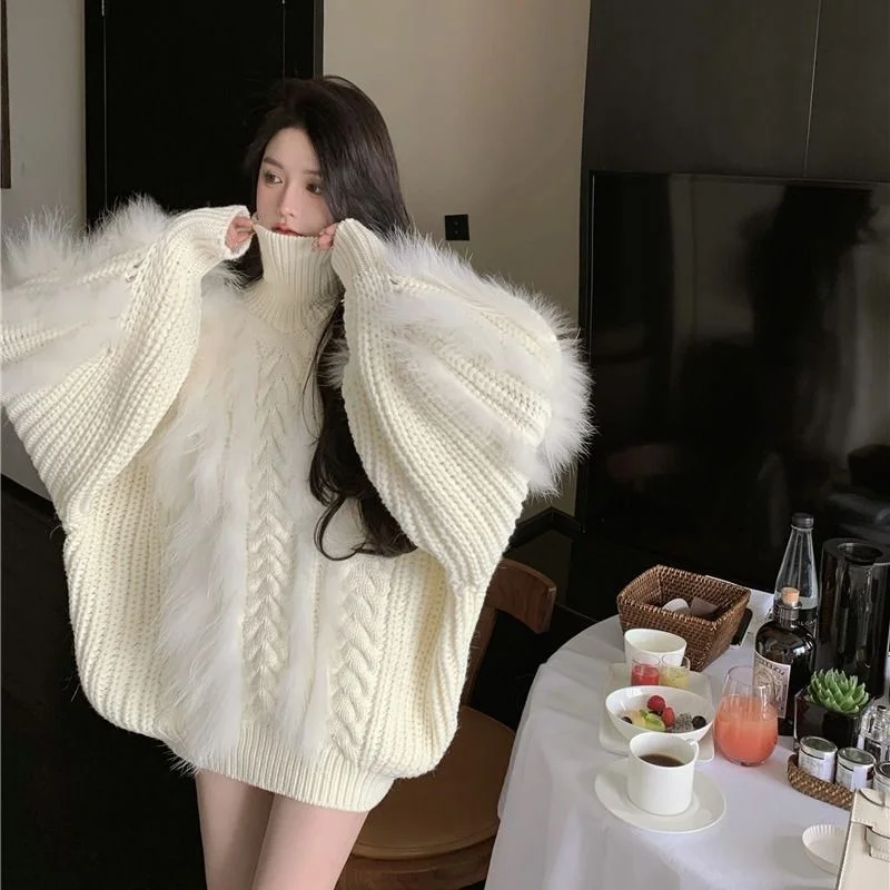 Pullover Sweater Female Goddess Model High Neck Top Women Winter New Celebrity Long Sleeve White Coat Pullover Sweater Women