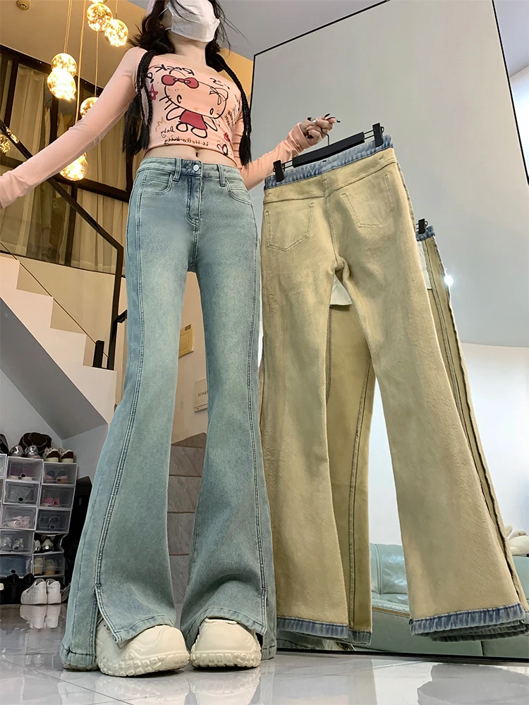 

Ретро джинсы с высокой талией и расклешенными штанинами для женщин, осенне-зимние, утепленные, больших размеров, для полных женщин, стройнящие, длинные брюки