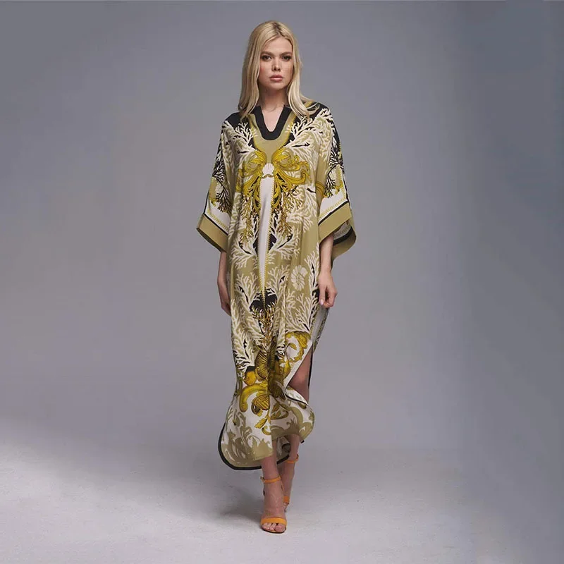 2025Women Swimsuit Beach Cover Up dress Sleeve Kaftan Beach Tunic Long Pareos Bikinis Cover ups Summer Robe Plage Beachwear