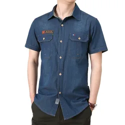 New Summer Men Short Sleeved Denim Shirts High Quality Male Cotton Casual Jeans Shirts Man Fashion Multi pockets Cargo Shirts 4X