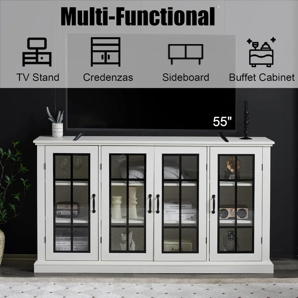 63inches sideboard, 6 adjustable shelf sideboard buffet cabinet with 4 doors, dining room, living room, shabby white locker