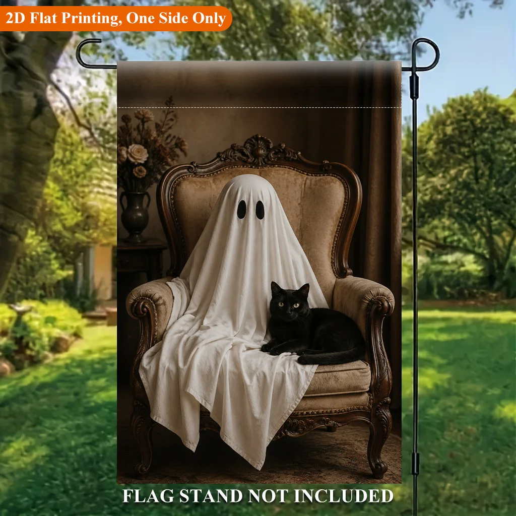 2D Flat Garden Flag 1 Piece, Black Cat Holiday Yard Outdoor Flag on Ghost Chair, for Outdoor Home and Yard Holiday Decorations, Valentine's Day, Mother's Day, Christmas, Thanksgiving, Halloween, Flagpole Free (Flags Only)