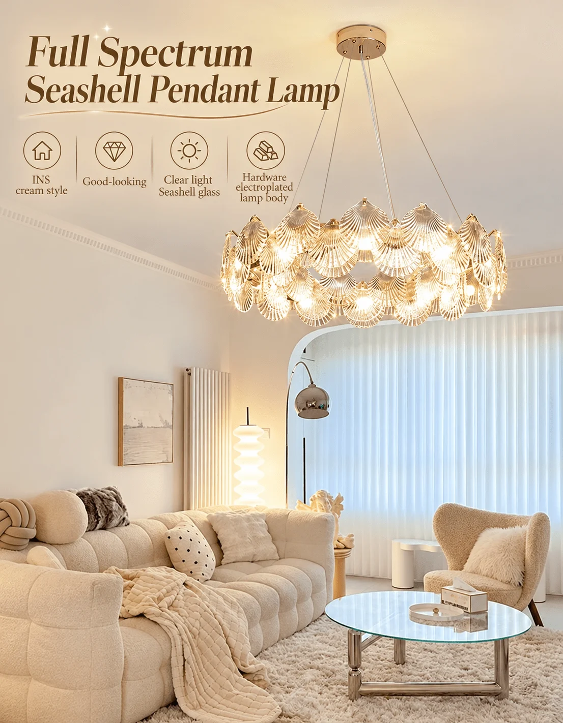 Persun French style light luxury cream Seashell crystal Chandelier Modern minimalist bedroom dining room Zhongshan Luminaire