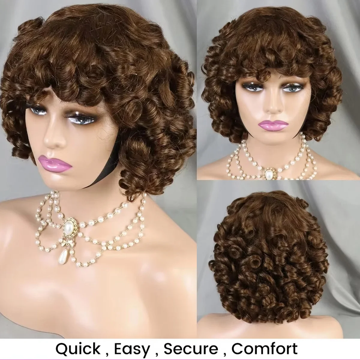 

Highlight Bouncy Curly Loose Curly Machine Manufacturing Wearing Bangs Human Hair Wigs 250 Density 10 inch Wigs For Women