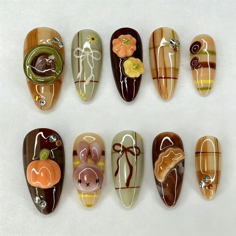 24Pcs Press-On Nails Autumn Almond-Shaped Nails with Exquisite Bow and Checkered Patterns—Perfect for Girls and Everyday Wear