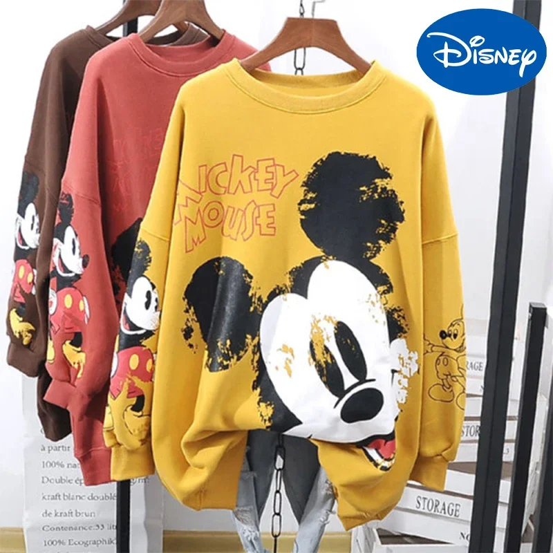 Disney Mickey Female Sweatshirts Anime Winter Hoodless Hoodie Oversize Long-Sleeve Harajuku Pullover Women O Neck Top Clothes