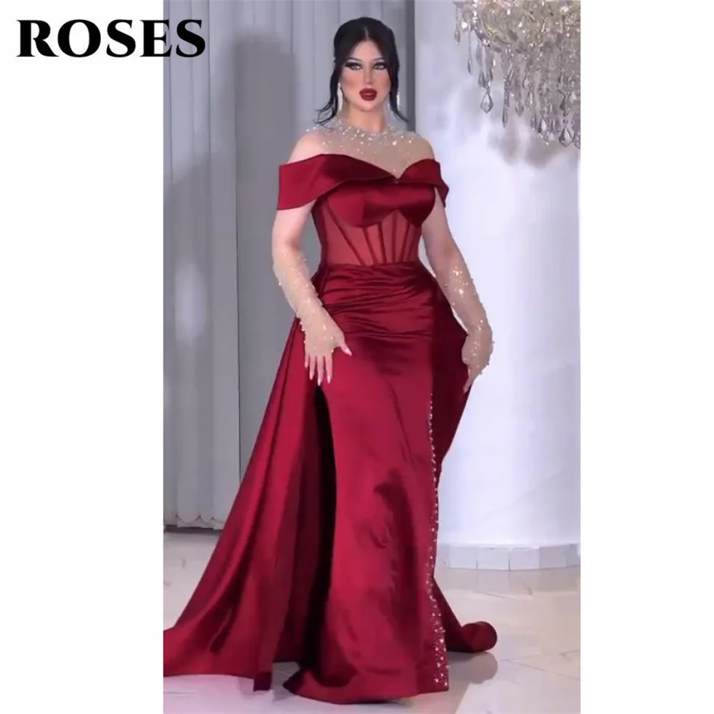 

ROSES Burgundy Satin Prom Dresses Off the Shoulder Gala Dresses Sexy Corset Saudi Arabic Evening Mermaid Party Gown Customized