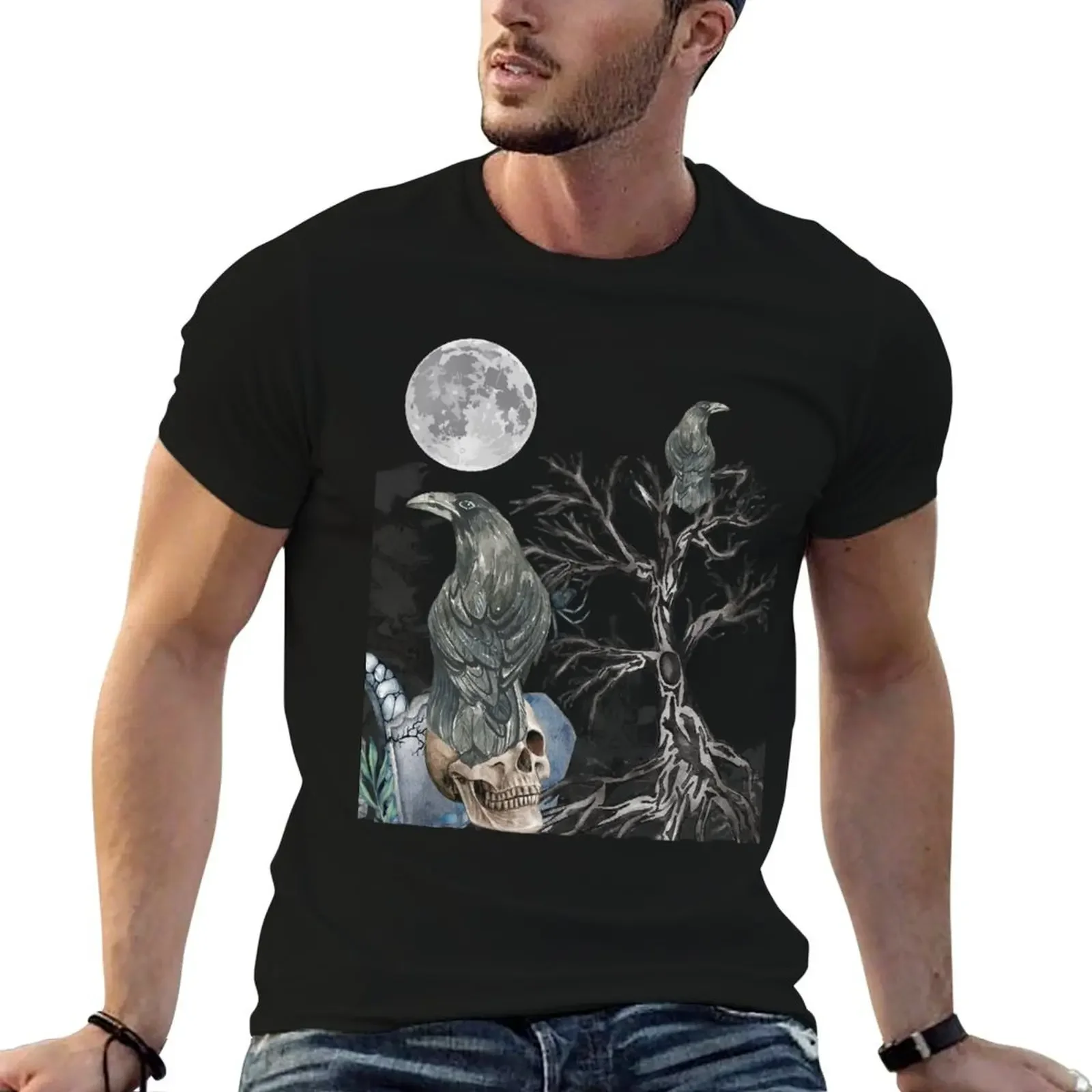 

Raven on Skull in Graveyard Full Moon Spooky Tree T-Shirt sports fans for a boy quick drying vintage t shirt men