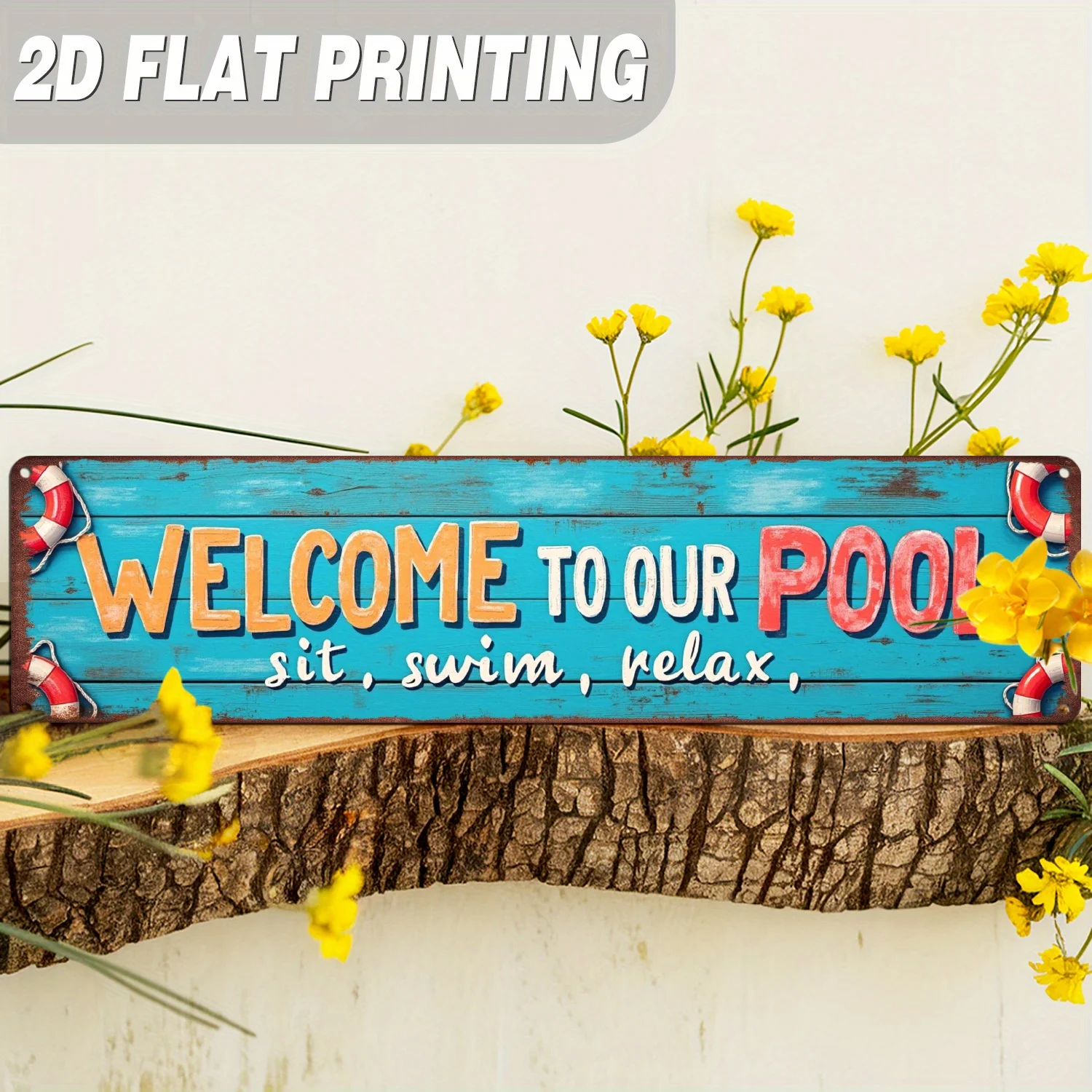 2D Flat - Vintage Spanish Pool Welcome Sign - Rustic Metal Wall Decor with 