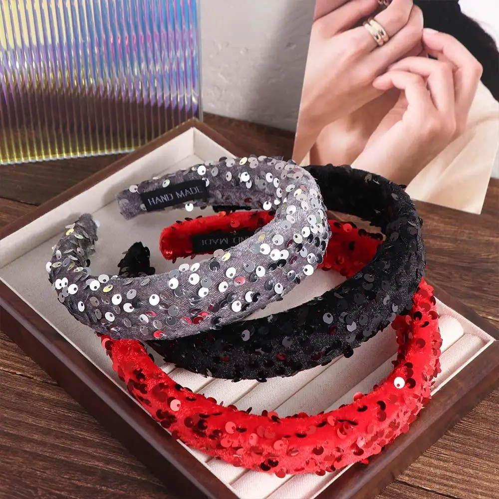 

Exquisite Solid Color Sequins Headband Wide Velvet Wide Hairband Plastic Hair Accessories Sponge Hair Band New Year